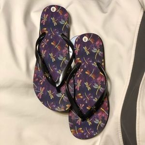 Dragonfly Flip Flops-purple w/ gold dragonfly